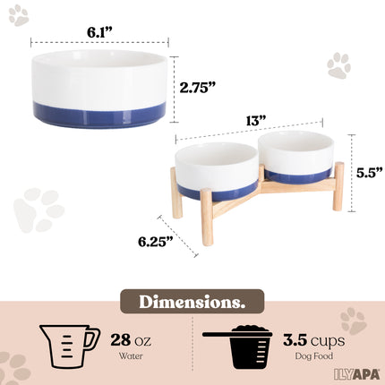 Ceramic Dog Bowls - Elevated for Medium Sized Pet with Raised Food and Water Set - Blue Double 6 inch, 28 Oz Bowls & 13x6.3x5.5 Wooden Stand