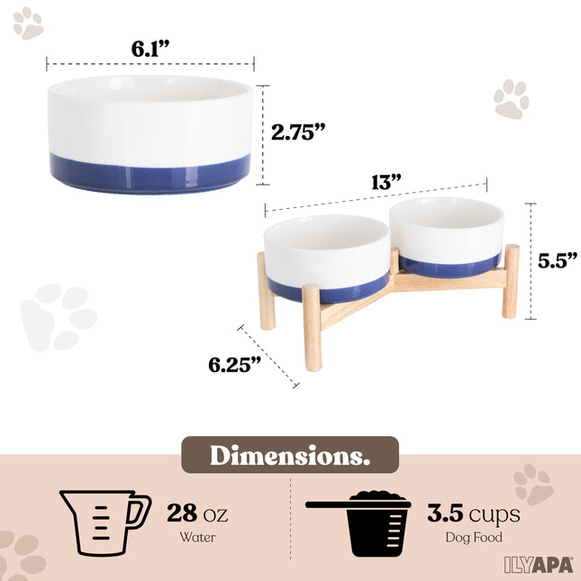 Ceramic Dog Bowls - Elevated for Medium Sized Pet with Raised Food and Water Set - Blue Double 6 inch, 28 Oz Bowls & 13x6.3x5.5 Wooden Stand