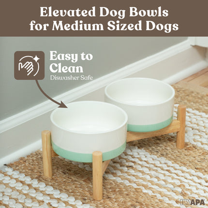 Ceramic Dog Bowls - Elevated for Medium Sized Pet with Raised Food and Water Set - Green Double 6 inch, 28 Oz Bowls & 13x6.3x5.5 Wooden Stand