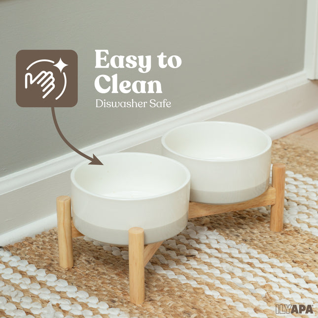 Ceramic Dog Bowls - Elevated for Medium Sized Pet with Raised Food and Water Set - Gray Double 6 inch, 28 Oz Bowls & 13x6.3x5.5 Wooden Stand