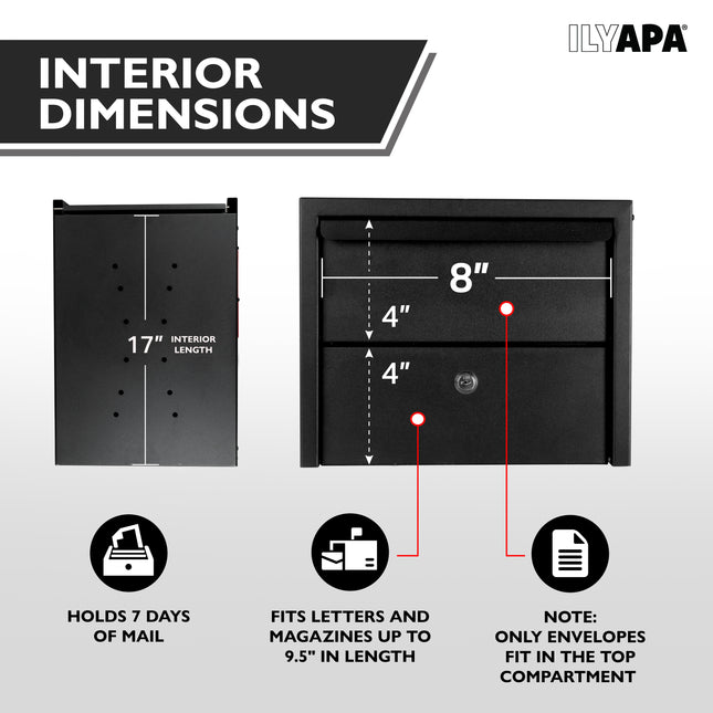 Locking Mailbox for Outside with Lock & Key - Modern Mailboxes for Outside Post Mount, Black Powder Coated Steel Heavy Duty Curbside Mail Box