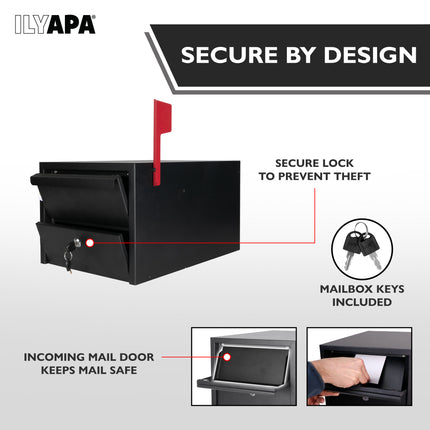 Locking Mailbox for Outside with Lock & Key - Modern Mailboxes for Outside Post Mount, Black Powder Coated Steel Heavy Duty Curbside Mail Box