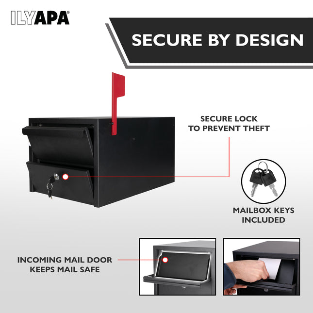 Locking Mailbox for Outside with Lock & Key - Modern Mailboxes for Outside Post Mount, Black Powder Coated Steel Heavy Duty Curbside Mail Box