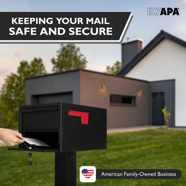 Locking Mailbox for Outside with Lock & Key - Modern Mailboxes for Outside Post Mount, Black Powder Coated Steel Heavy Duty Curbside Mail Box