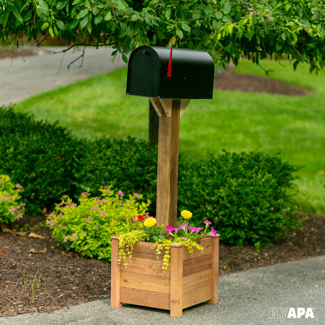 No Dig Mailbox Post Planter Box - 16x16x14 Inch Cedar Mailbox Planter Stand for Free Standing Mailboxes Outside - Works with existing In-Ground or Mail Box Post for Outside