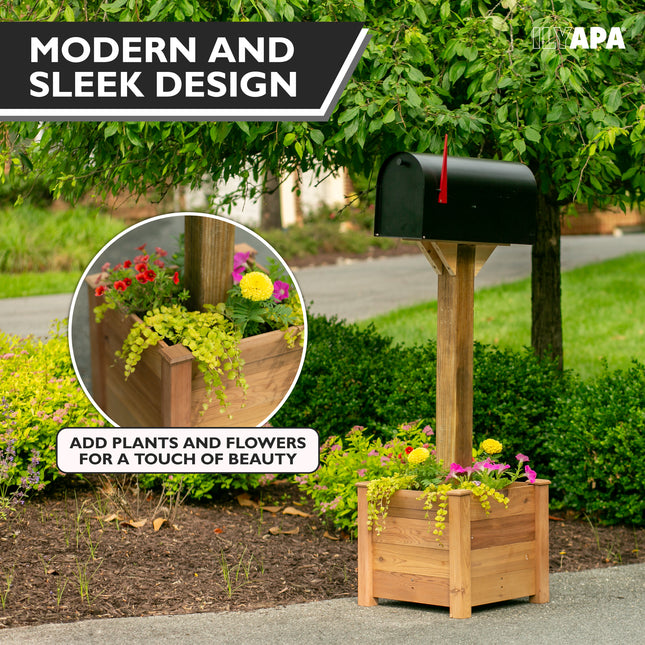 No Dig Mailbox Post Planter Box - 16x16x14 Inch Cedar Mailbox Planter Stand for Free Standing Mailboxes Outside - Works with existing In-Ground or Mail Box Post for Outside