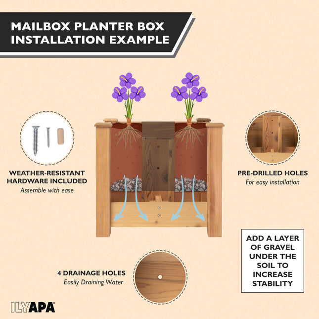 No Dig Mailbox Post Planter Box - 16x16x14 Inch Cedar Mailbox Planter Stand for Free Standing Mailboxes Outside - Works with existing In-Ground or Mail Box Post for Outside