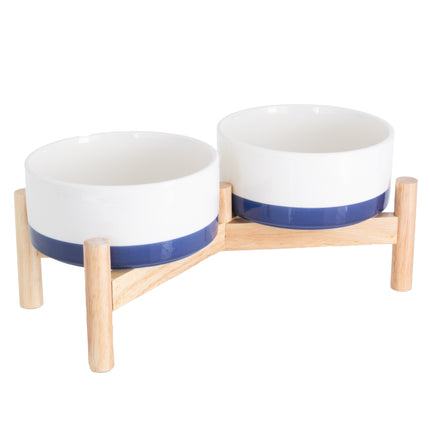 Ceramic Dog Bowls - Elevated for Medium Sized Pet with Raised Food and Water Set - Blue Double 6 inch, 28 Oz Bowls & 13x6.3x5.5 Wooden Stand