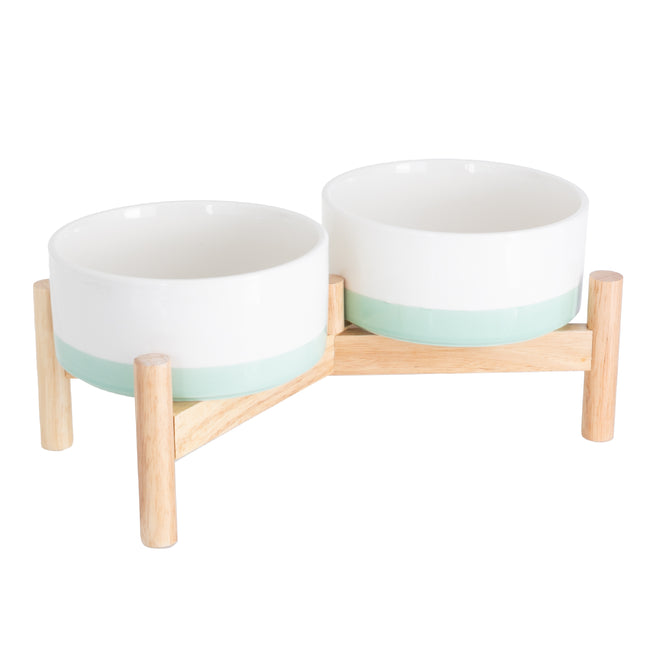 Ceramic Dog Bowls - Elevated for Medium Sized Pet with Raised Food and Water Set - Green Double 6 inch, 28 Oz Bowls & 13x6.3x5.5 Wooden Stand