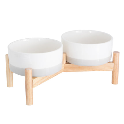 Ceramic Dog Bowls - Elevated for Medium Sized Pet with Raised Food and Water Set - Gray Double 6 inch, 28 Oz Bowls & 13x6.3x5.5 Wooden Stand