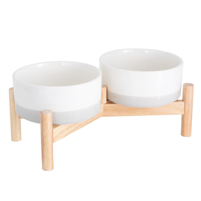 Ceramic Dog Bowls - Elevated for Medium Sized Pet with Raised Food and Water Set - Gray Double 6 inch, 28 Oz Bowls & 13x6.3x5.5 Wooden Stand