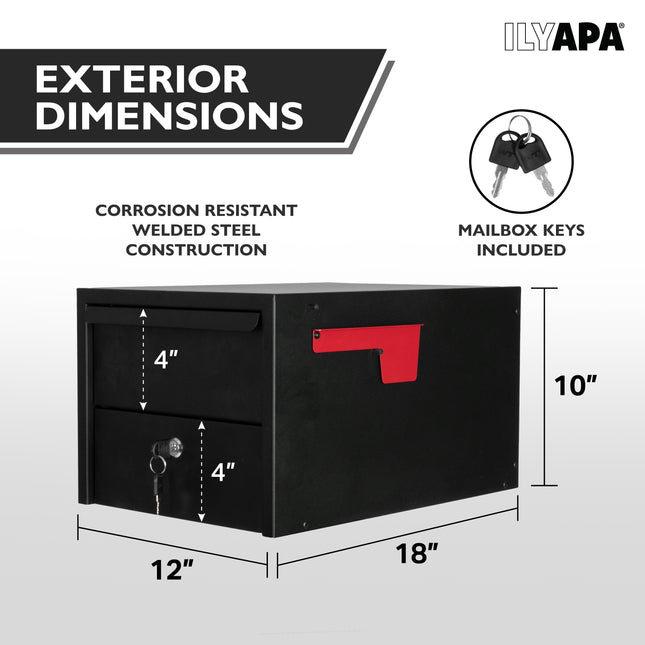 Locking Mailbox for Outside with Lock & Key - Modern Mailboxes for Outside Post Mount, Black Powder Coated Steel Heavy Duty Curbside Mail Box