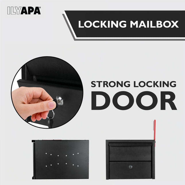 Locking Mailbox for Outside with Lock & Key - Modern Mailboxes for Outside Post Mount, Black Powder Coated Steel Heavy Duty Curbside Mail Box