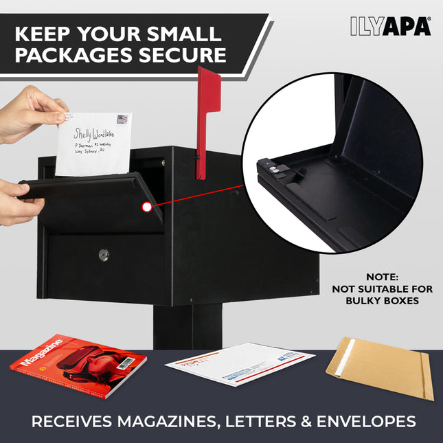 Locking Mailbox for Outside with Lock & Key - Modern Mailboxes for Outside Post Mount, Black Powder Coated Steel Heavy Duty Curbside Mail Box