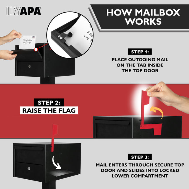 Locking Mailbox for Outside with Lock & Key - Modern Mailboxes for Outside Post Mount, Black Powder Coated Steel Heavy Duty Curbside Mail Box