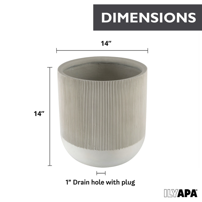 14 Inch Fluted Large Modern Concrete Planter - 14x14 Inch Outdoor/Indoor Plant Pots with Drainage - Cement Flower Pots for Plants