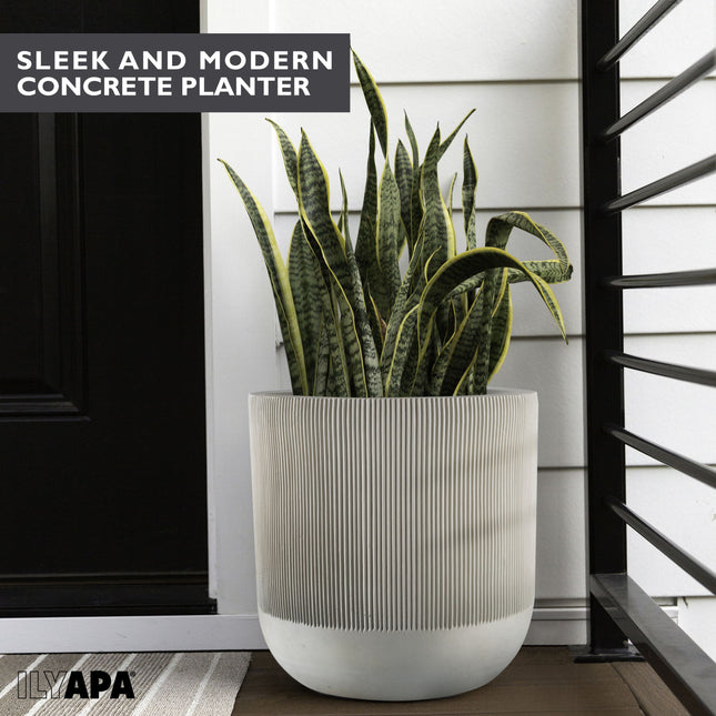 14 Inch Fluted Large Modern Concrete Planter - 14x14 Inch Outdoor/Indoor Plant Pots with Drainage - Cement Flower Pots for Plants