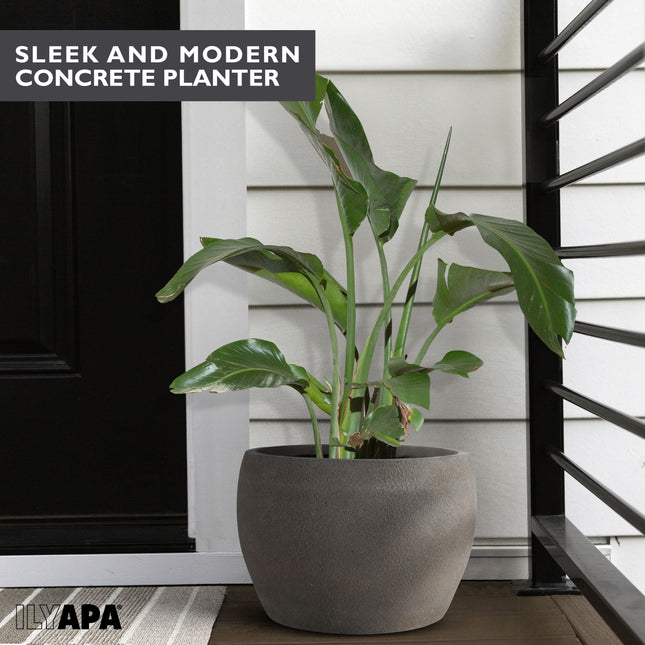 14 Inch Tall Modern Concrete Planter - 14x10 Inch Outdoor/Indoor Plant Pots with Drainage - Cement Vase Planters for Plants, or Tree