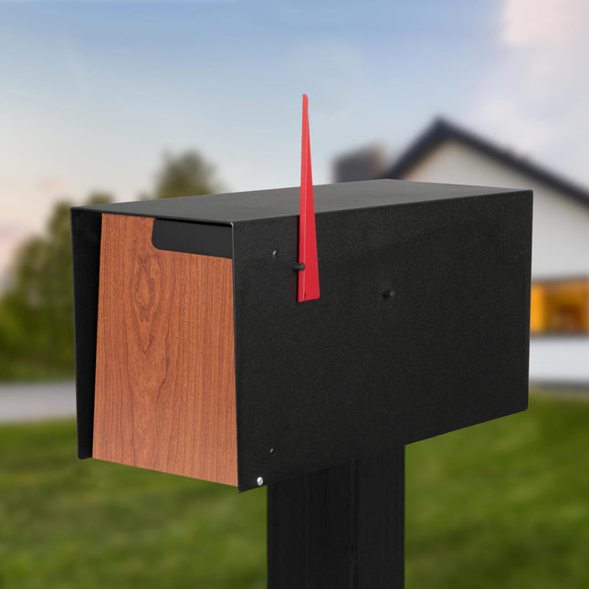 Modern Mailbox Post Mount - 21x8x10 Inch Black Modern Mailboxes for Outside - Heavy Duty Metal Mail Box with Printed Redwood Grain Trim