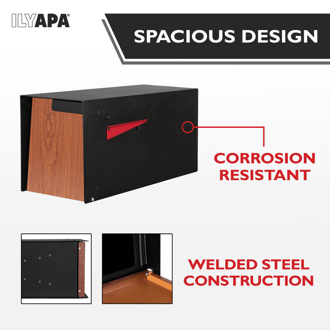 Modern Mailbox Post Mount - 21x8x10 Inch Black Modern Mailboxes for Outside - Heavy Duty Metal Mail Box with Printed Redwood Grain Trim