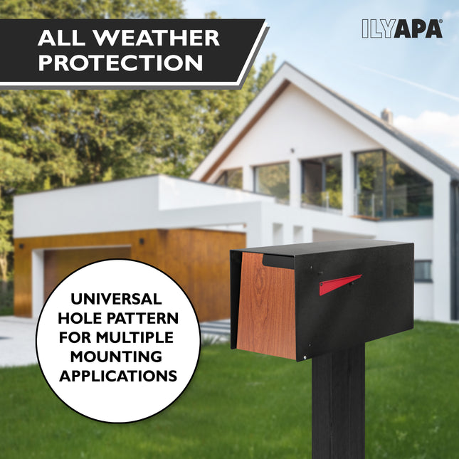 Modern Mailbox Post Mount - 21x8x10 Inch Black Modern Mailboxes for Outside - Heavy Duty Metal Mail Box with Printed Redwood Grain Trim