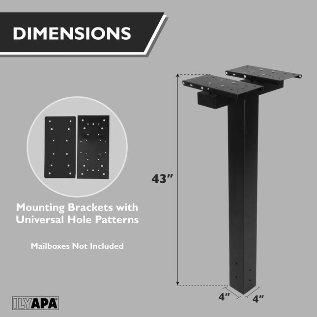 Double Mailbox Post for Outside - 43x4x4 inch Black Metal Dual Mailboxes Post for Outside with Universal Mounting Bracket Plate