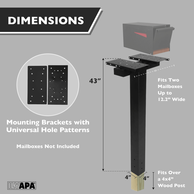 Double Mailbox Post for Outside - 43x4x4 inch Black Metal Dual Mailboxes Post for Outside with Universal Mounting Bracket Plate
