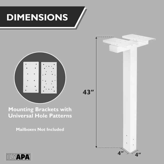 Double Mailbox Post for Outside - 43x4x4 inch White Metal Dual Mailboxes Post for Outside with Universal Mounting Bracket Plate for 2