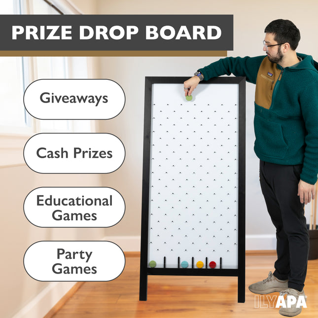 Extra Large Prize Drop Board Game - 28x57 Inch - Portable Game, Includes 20 Coin Discs, Double Sided Wooden A-Frame Whiteboard Sign, Eraser