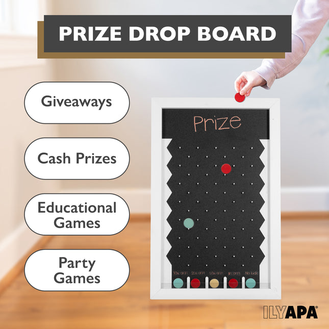 Large Prize Drop Board Game - 18x28 Inch Portable Penny Drop Game for Events and Trade Show - Wooden A-Frame Chalkboard Sign, Eraser