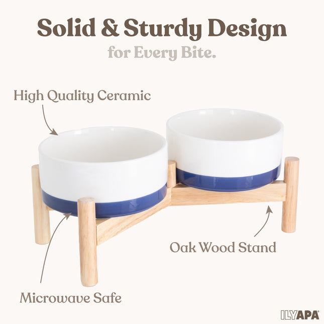 Ceramic Dog Bowls - Elevated for Medium Sized Pet with Raised Food and Water Set - Blue Double 6 inch, 28 Oz Bowls & 13x6.3x5.5 Wooden Stand