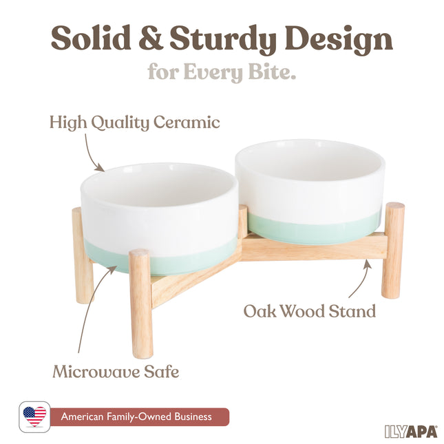 Ceramic Dog Bowls - Elevated for Medium Sized Pet with Raised Food and Water Set - Green Double 6 inch, 28 Oz Bowls & 13x6.3x5.5 Wooden Stand
