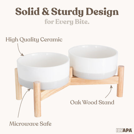 Ceramic Dog Bowls - Elevated for Medium Sized Pet with Raised Food and Water Set - Gray Double 6 inch, 28 Oz Bowls & 13x6.3x5.5 Wooden Stand