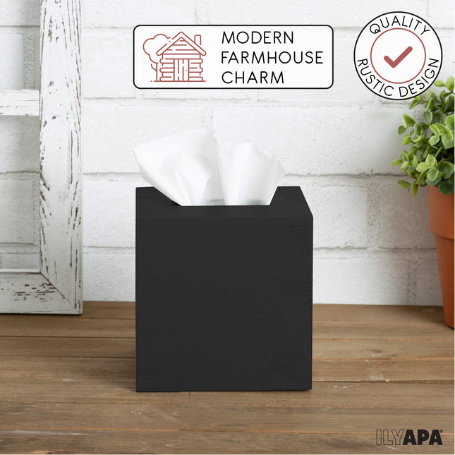Ilyapa Wood Tissue Box Cover Square - Rustic Farmhouse Black Wooden Tissue Holder