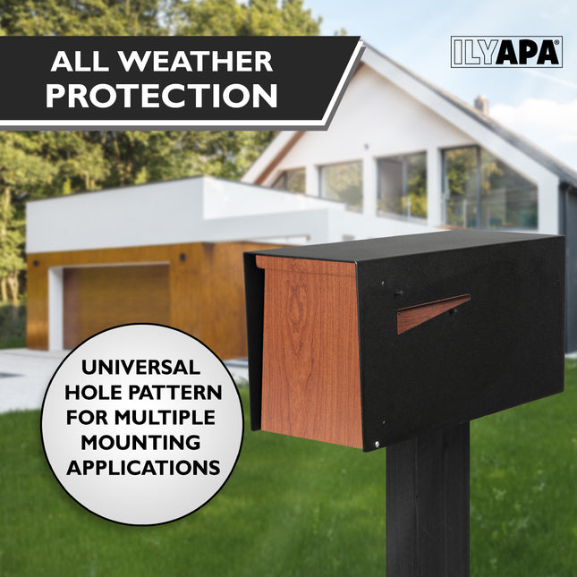 Modern Mailbox for Post Mount - Black Powder Coated Metal Mailbox with Ash Wood Door - Waterproof for Parcels, Recessed Magnetic Close Door