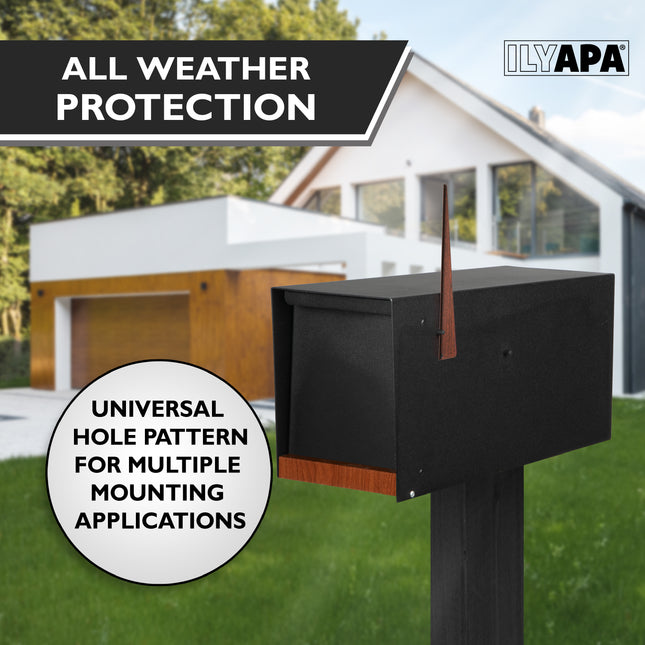 Modern Mailbox for Post Mount - Black Powder Coated Metal Mailbox with Printed Redwood Grain Trim - Waterproof for Parcels, Magnetic Close Door