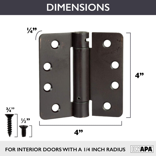 2 Pack of Self Closing Door Hinges Oil Rubbed Bronze - 4 x 4 Inch Interior Hinges for Doors with 1/4" Radius