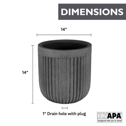 14 Inch Large Fluted Modern Concrete Planter - 14x14 Inch Indoor Plant Pots with Drainage - Large Black Planters for Indoor/Outdoor Use