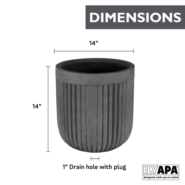 14 Inch Large Fluted Modern Concrete Planter - 14x14 Inch Indoor Plant Pots with Drainage - Large Black Planters for Indoor/Outdoor Use