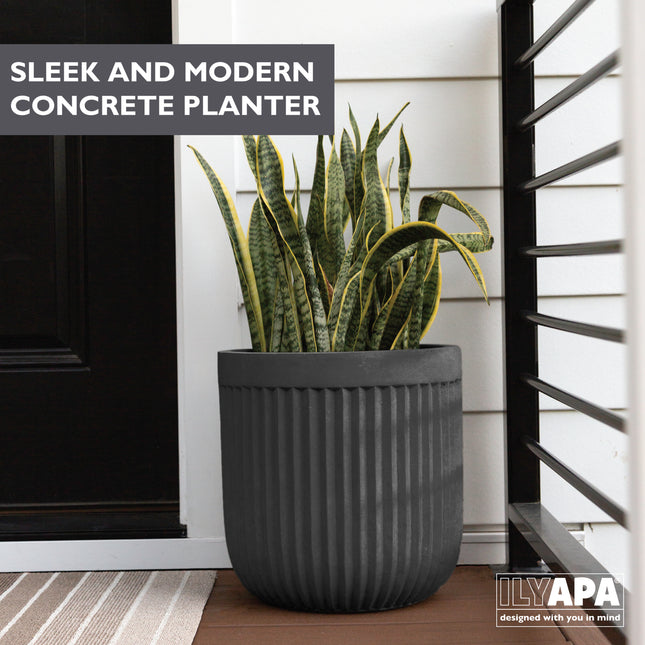 14 Inch Large Fluted Modern Concrete Planter - 14x14 Inch Indoor Plant Pots with Drainage - Large Black Planters for Indoor/Outdoor Use