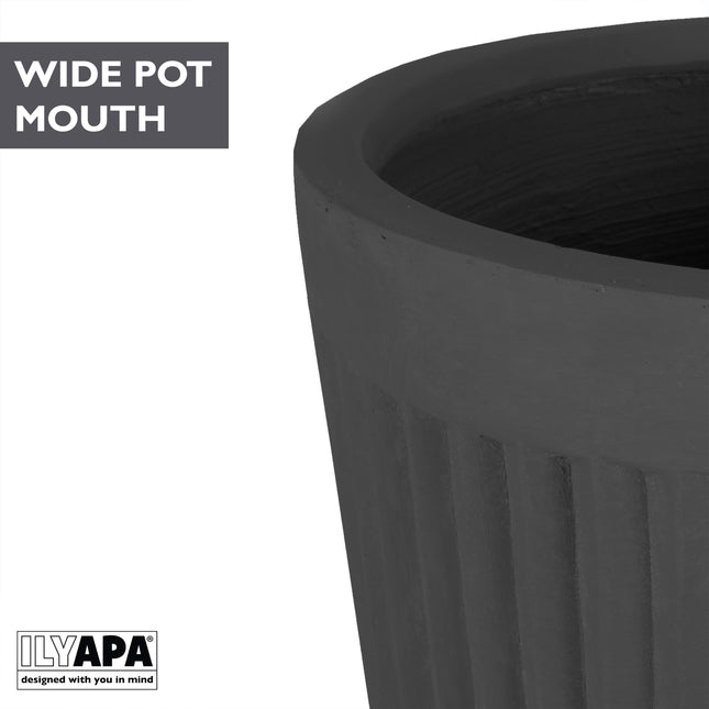 14 Inch Large Fluted Modern Concrete Planter - 14x14 Inch Indoor Plant Pots with Drainage - Large Black Planters for Indoor/Outdoor Use