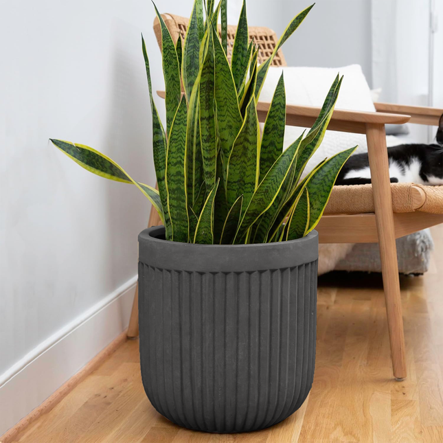 14 Inch Large Fluted Modern Concrete Planter - 14x14 Inch Indoor Plant Pots with Drainage - Large Black Planters for Indoor/Outdoor Use