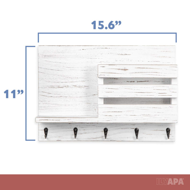 Wood Key and Mail Holder with Shelf - Rustic White Wooden Wall Mount Mail Organizer & Key Rack, Decorative