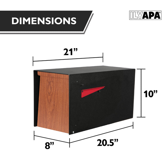Modern Mailbox for Post Mount - Black Powder Coated Metal Mailbox with Ash Wood Door - Waterproof for Parcels, Recessed Magnetic Close Door
