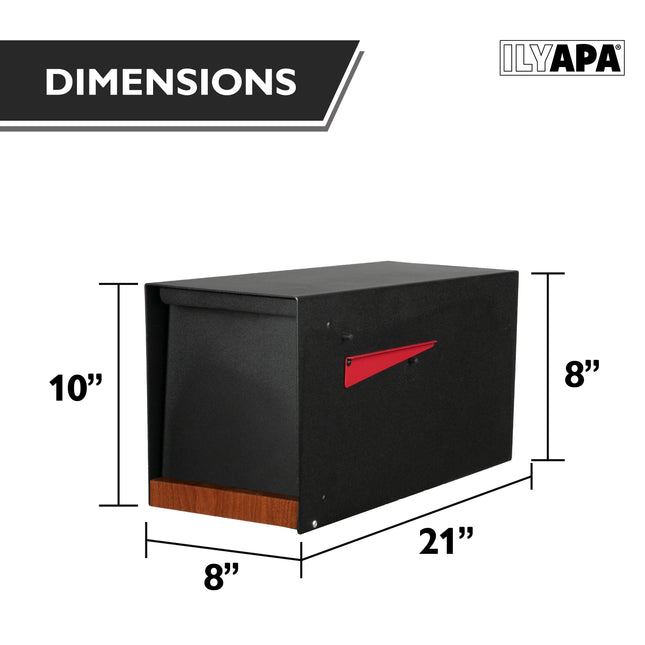 Modern Mailbox for Post Mount - Black Powder Coated Metal Mailbox with Printed Redwood Grain Trim - Waterproof for Parcels, Magnetic Close Door