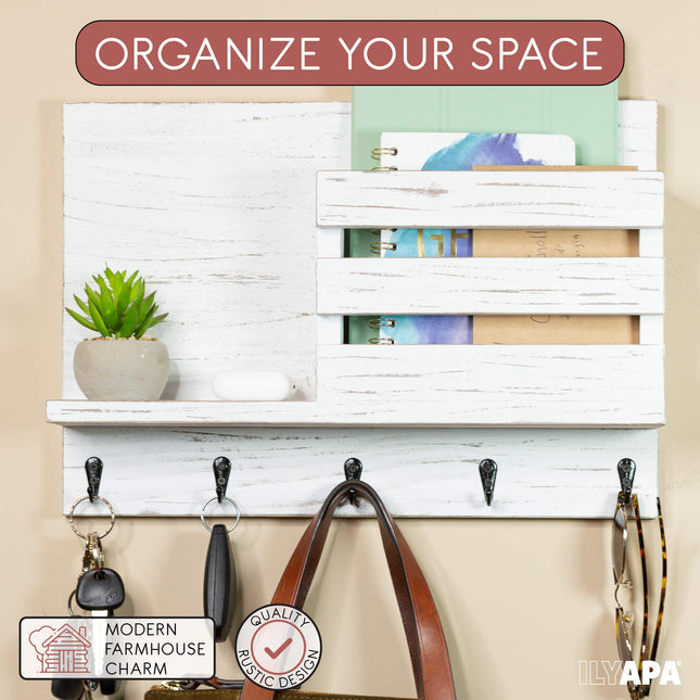 Wood Key and Mail Holder with Shelf - Rustic White Wooden Wall Mount Mail Organizer & Key Rack, Decorative