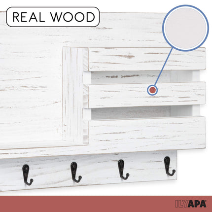 Wood Key and Mail Holder with Shelf - Rustic White Wooden Wall Mount Mail Organizer & Key Rack, Decorative