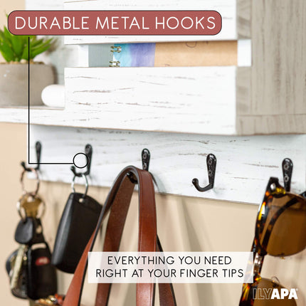 Wood Key and Mail Holder with Shelf - Rustic White Wooden Wall Mount Mail Organizer & Key Rack, Decorative