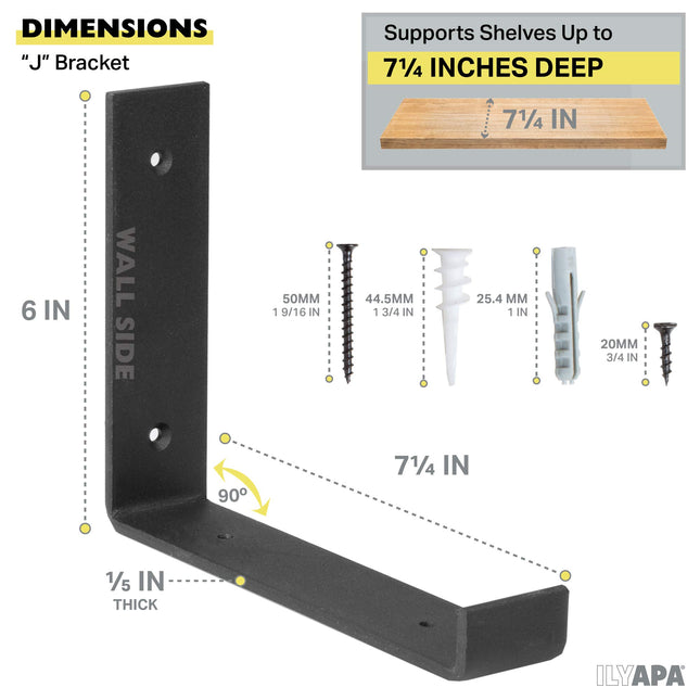 Heavy Duty Steel Floating Shelf Brackets, J Bracket with Lip- Farmhouse Rustic Iron Matte Finish - 4 Pack of 6 x 7.25 Inch Industrial Metal Shelf Holders, Joint Angle Brackets for Wall Mount Shelves