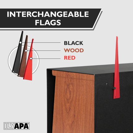 Modern Mailbox for Post Mount - Black Powder Coated Metal Mailbox with Ash Wood Door - Waterproof for Parcels, Recessed Magnetic Close Door